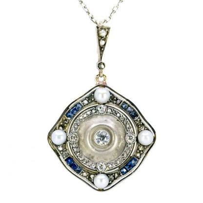 Antique Art Deco Diamond, Pearl and Sapphire Pendant