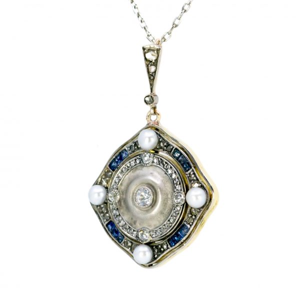 Antique Art Deco Diamond, Pearl and Sapphire Pendant