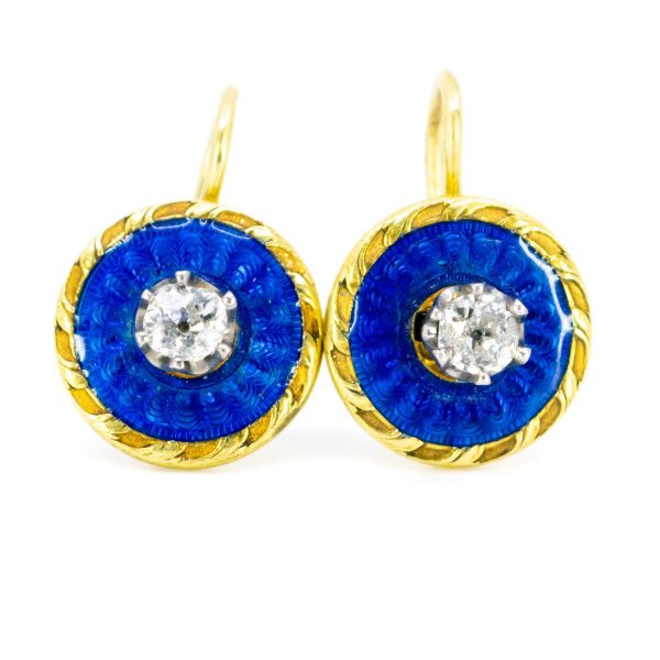Antique Art Deco Diamond and Enamel Gold Earrings