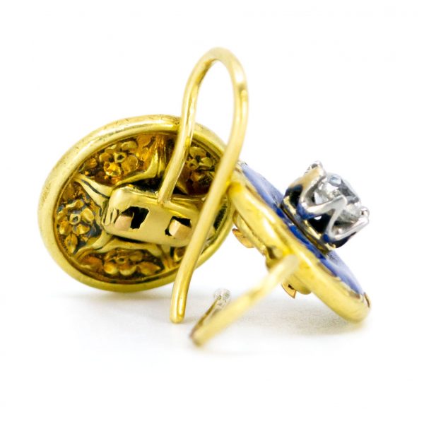 Antique Art Deco Diamond and Enamel Gold Earrings