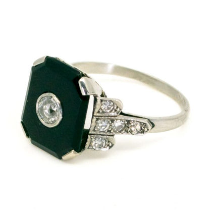 Antique Art Deco Diamond and Onyx Platinum Ring