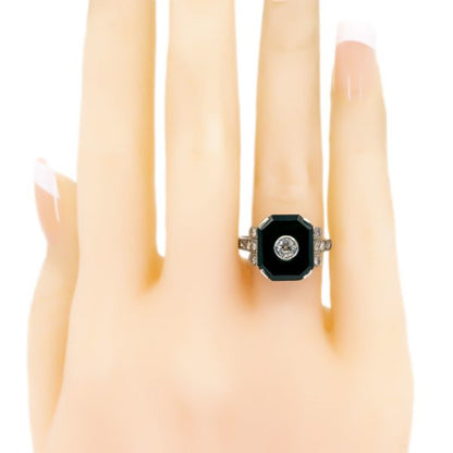 Art Deco Style Diamond and Onyx Platinum Ring