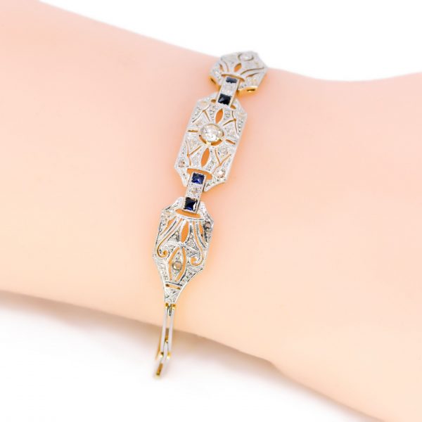 Antique Art Deco Diamond and Sapphire Panel Bracelet