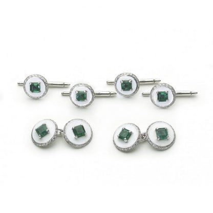 Antique Art Deco Emerald Diamond & Enamel Cufflink Dress Set
