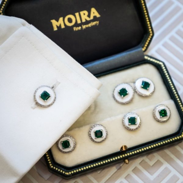 Antique Art Deco Emerald Diamond & Enamel Cufflink Dress Set