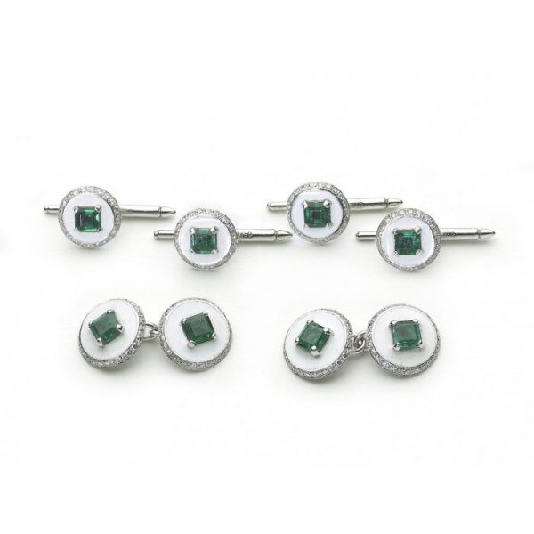 Antique Art Deco Emerald Diamond & Enamel Cufflink Dress Set