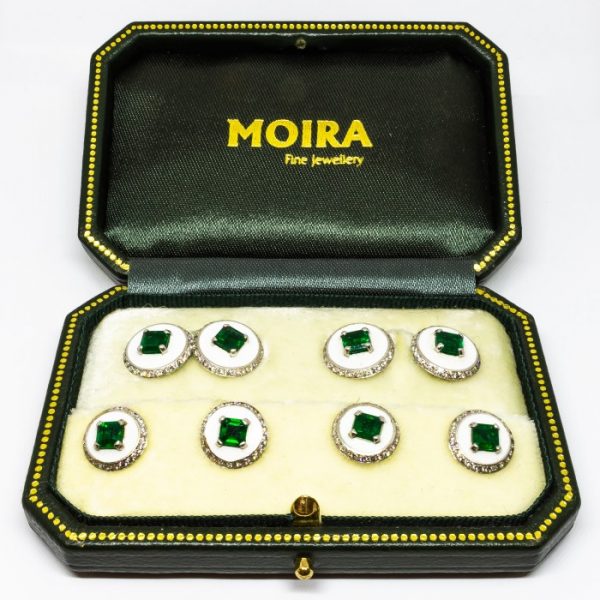 Antique Art Deco Emerald Diamond & Enamel Cufflink Dress Set