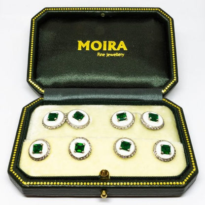 Antique Art Deco Emerald Diamond & Enamel Cufflink Dress Set