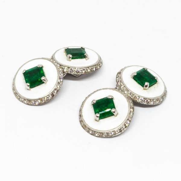 Antique Art Deco Emerald Diamond & Enamel Cufflink Dress Set