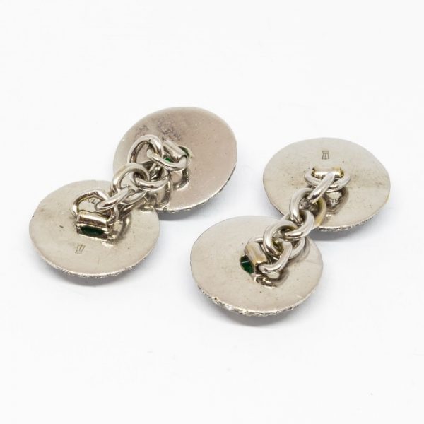 Antique Art Deco Emerald Diamond & Enamel Cufflink Dress Set