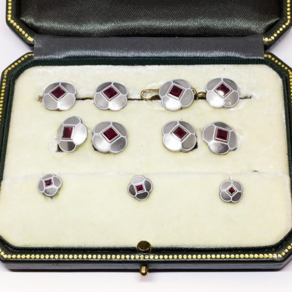 Antique Art Deco Enamel Ruby White Gold Dress Set