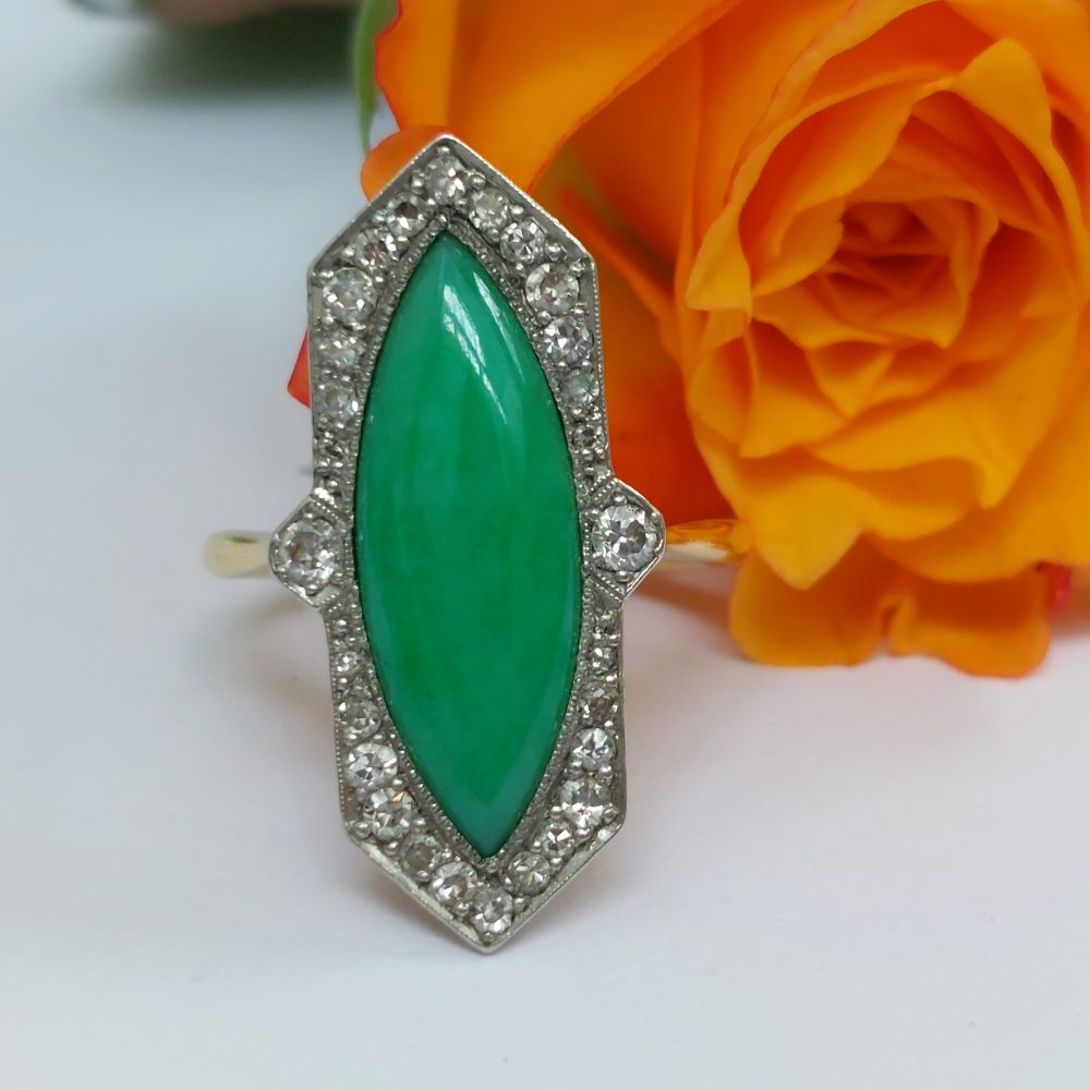 Antique Art Deco Jadeite Jade and Diamond Ring