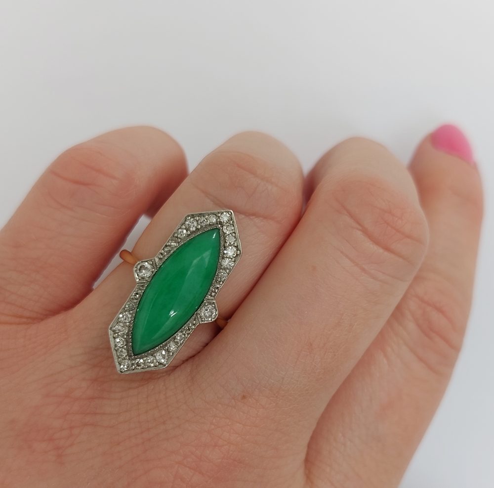 Antique Art Deco Jadeite Jade and Diamond Ring