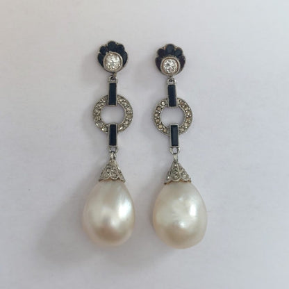 Antique Art Deco Natural Pearl Onyx and Diamond Earrings