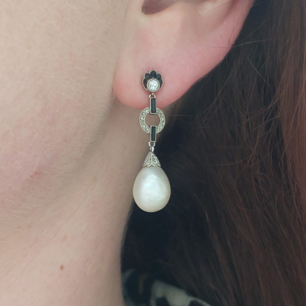 Antique Art Deco Natural Pearl Onyx and Diamond Earrings
