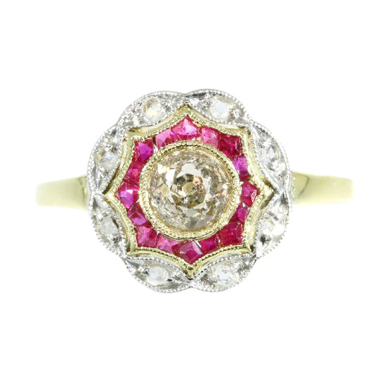 Antique Art Deco Old European Cut Diamond Ruby Ring