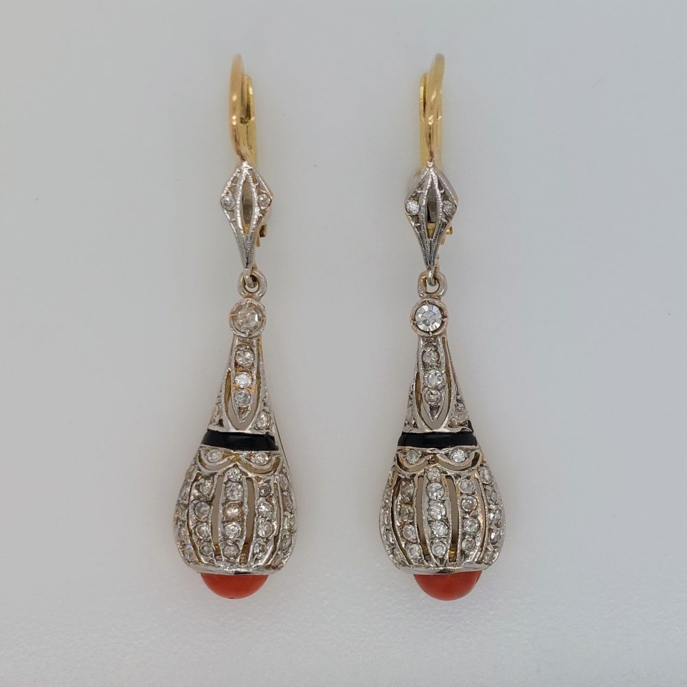 Antique Art Deco Onyx Coral and Diamond Drop Earrings