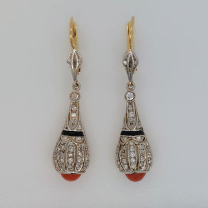 Antique Art Deco Onyx Coral and Diamond Drop Earrings