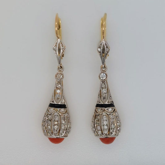 Antique Art Deco Onyx Coral and Diamond Drop Earrings