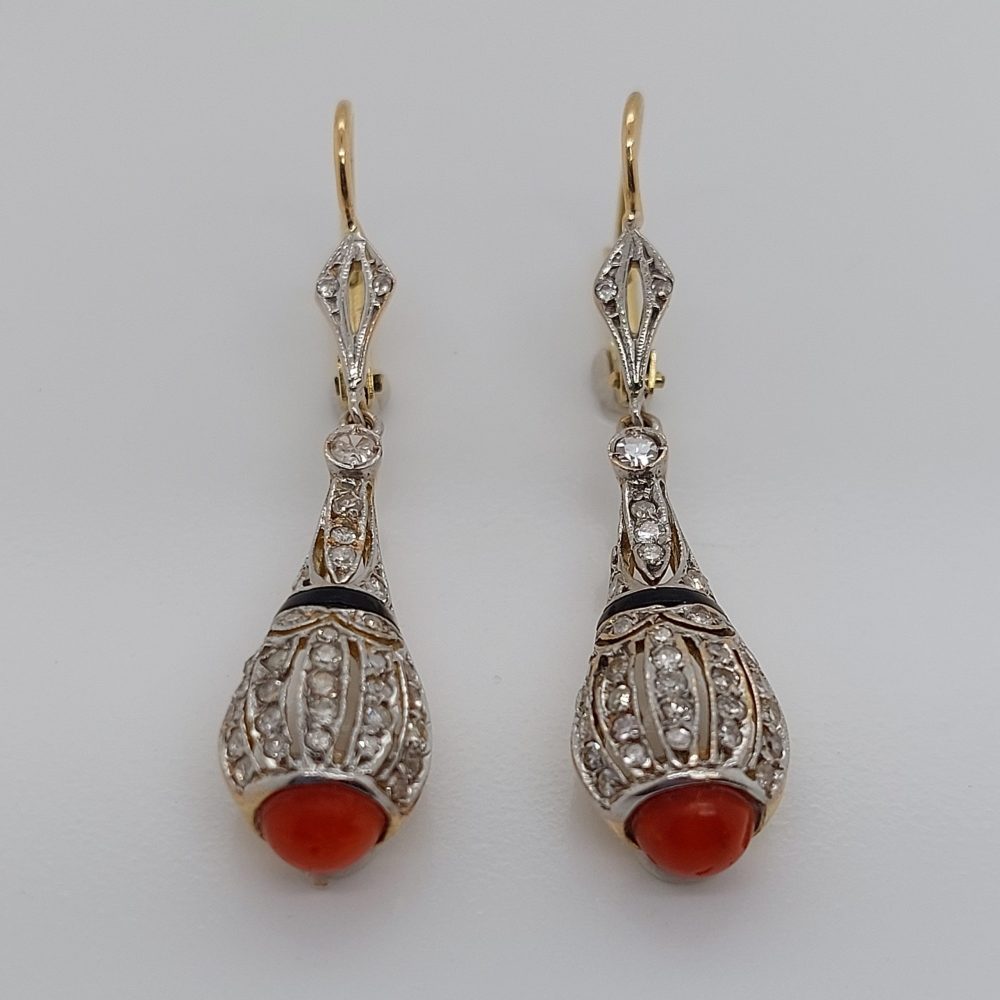Antique Art Deco Onyx Coral and Diamond Drop Earrings