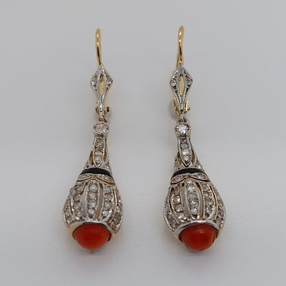 Antique Art Deco Onyx Coral and Diamond Drop Earrings
