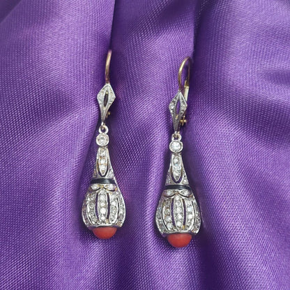 Antique Art Deco Onyx Coral and Diamond Drop Earrings