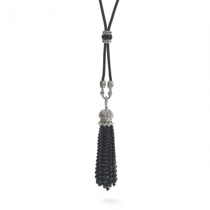 Antique Art Deco Onyx Diamond Tassel Pendant Necklace