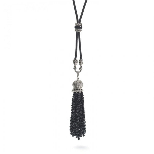 Antique Art Deco Onyx Diamond Tassel Pendant Necklace