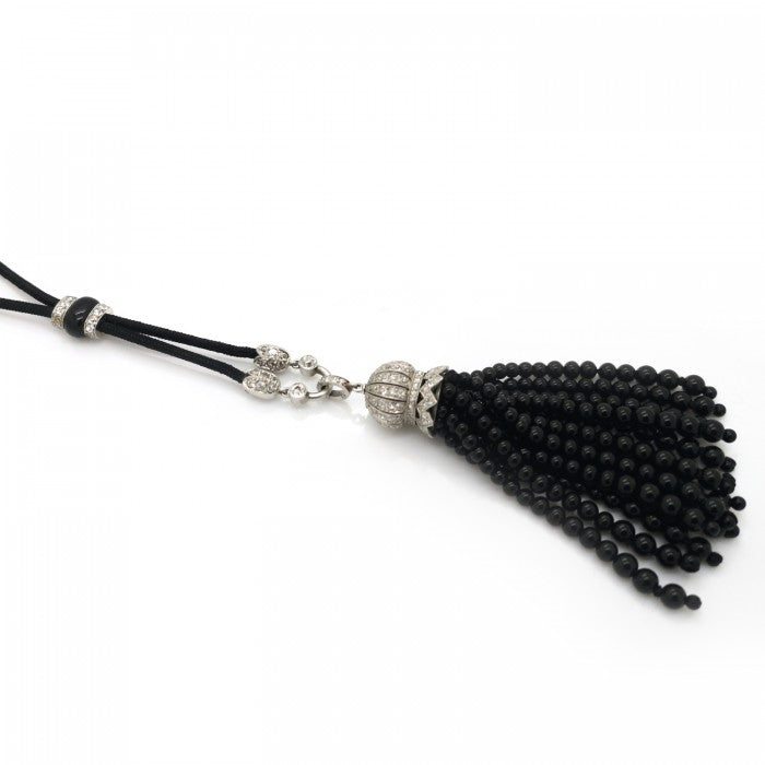 Antique Art Deco Onyx Diamond Tassel Pendant Necklace