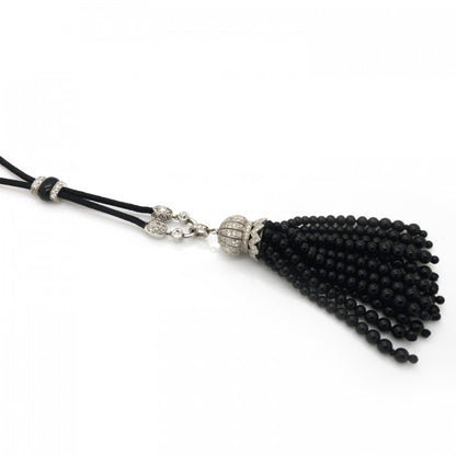 Antique Art Deco Onyx Diamond Tassel Pendant Necklace