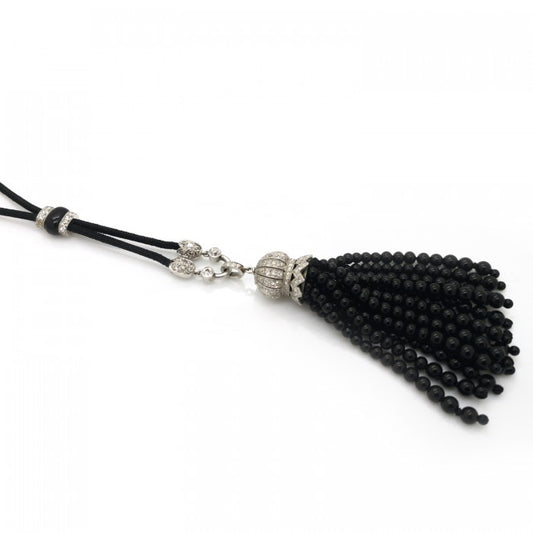 Antique Art Deco Onyx Diamond Tassel Pendant Necklace