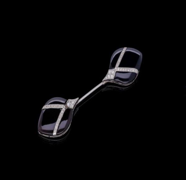 Antique Art Deco Onyx and Diamond Jabot Pin Brooch