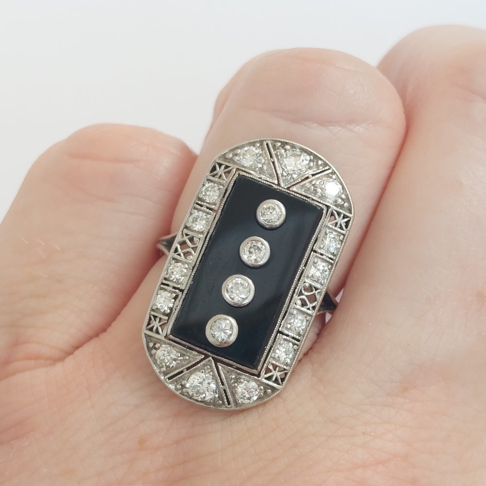 Antique Art Deco Onyx and Diamond Tablet Ring