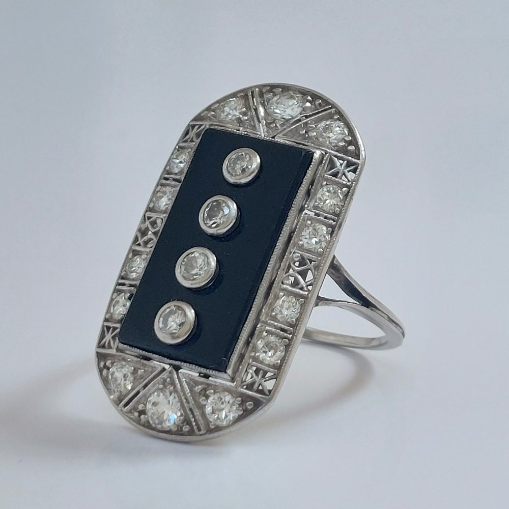 Antique Art Deco Onyx and Diamond Tablet Ring