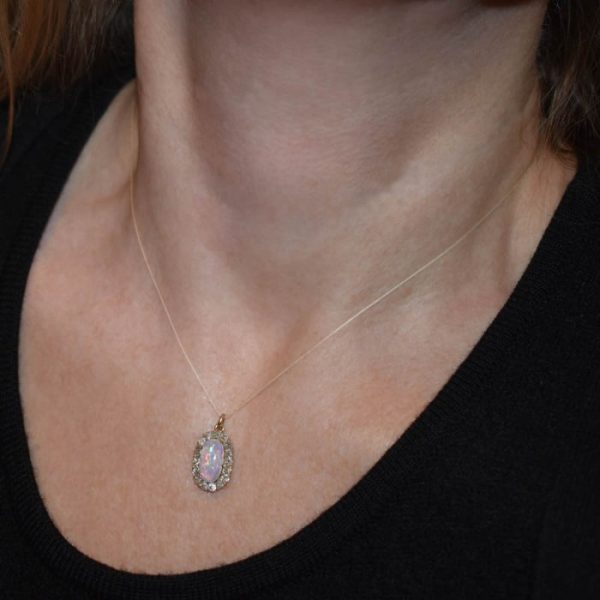 Antique Art Deco Opal & Diamond Cluster Pendant
