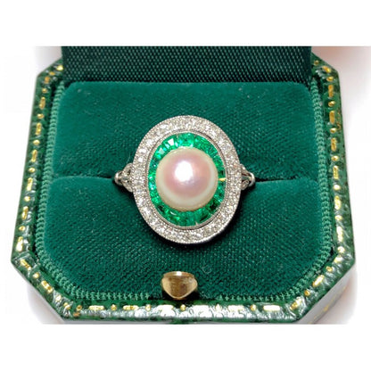Antique Art Deco Platinum Pearl Emerald & Diamond Target Ring