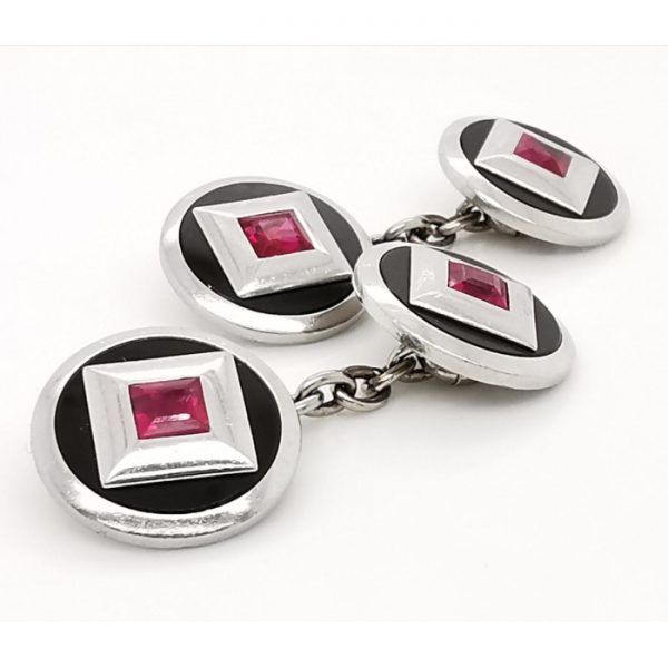 Antique Art Deco Ruby & Black Onyx Platinum Cufflinks