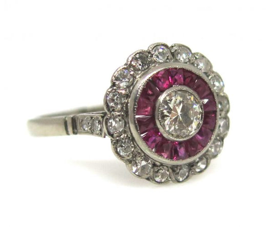 Antique Art Deco Ruby and Diamond Target Ring