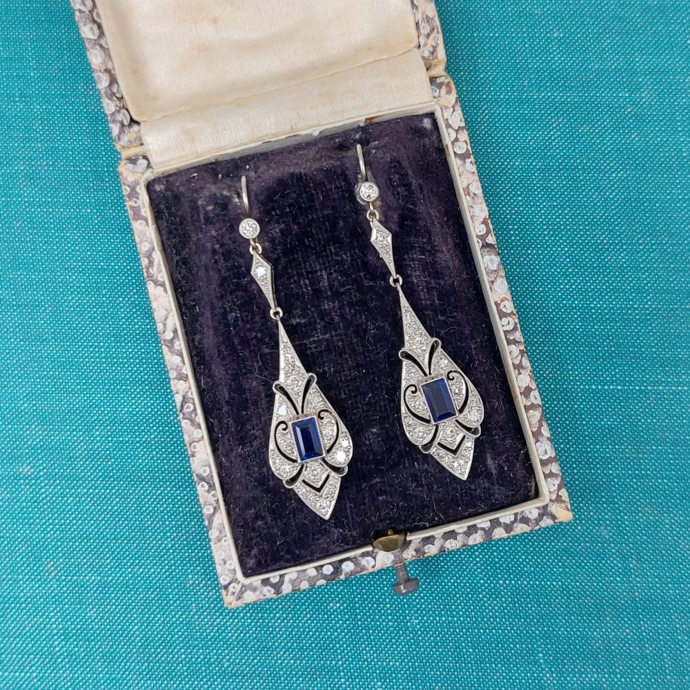 Antique Art Deco Sapphire and Diamond Drop Earrings