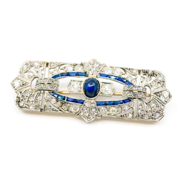 Antique Art Deco Sapphire Diamond Platinum Brooch