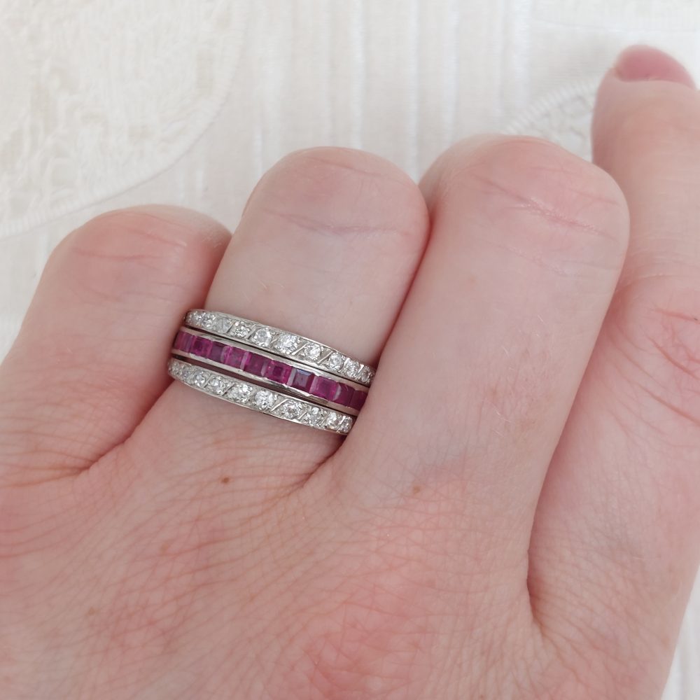 Antique Art Deco Sapphire Ruby and Diamond Swivel Eternity Ring