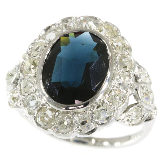 Antique Art Deco Style Sapphire Old Brilliant Cut Diamond Ring