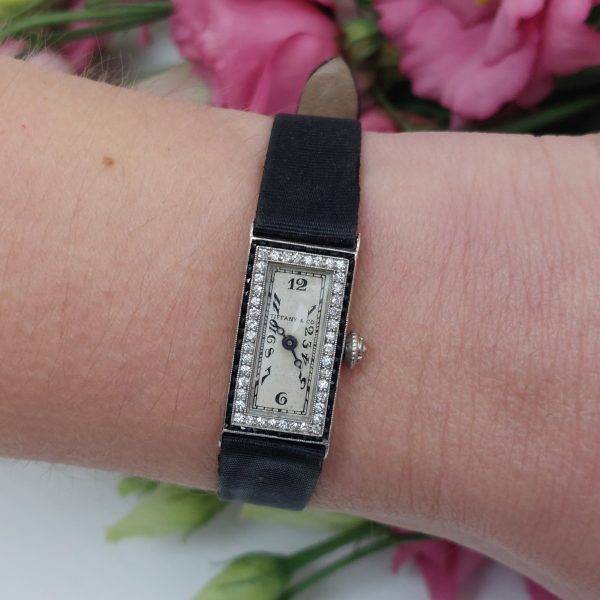 Antique Art Deco Tiffany Diamond and Onyx Ladies Cocktail Watch