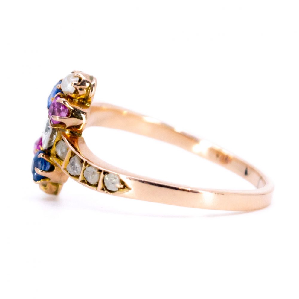 Antique Art Nouveau Diamond Pearl Ruby and Sapphire Ring