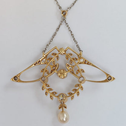 Antique Art Nouveau Diamond and Pearl Necklace ~ Brooch