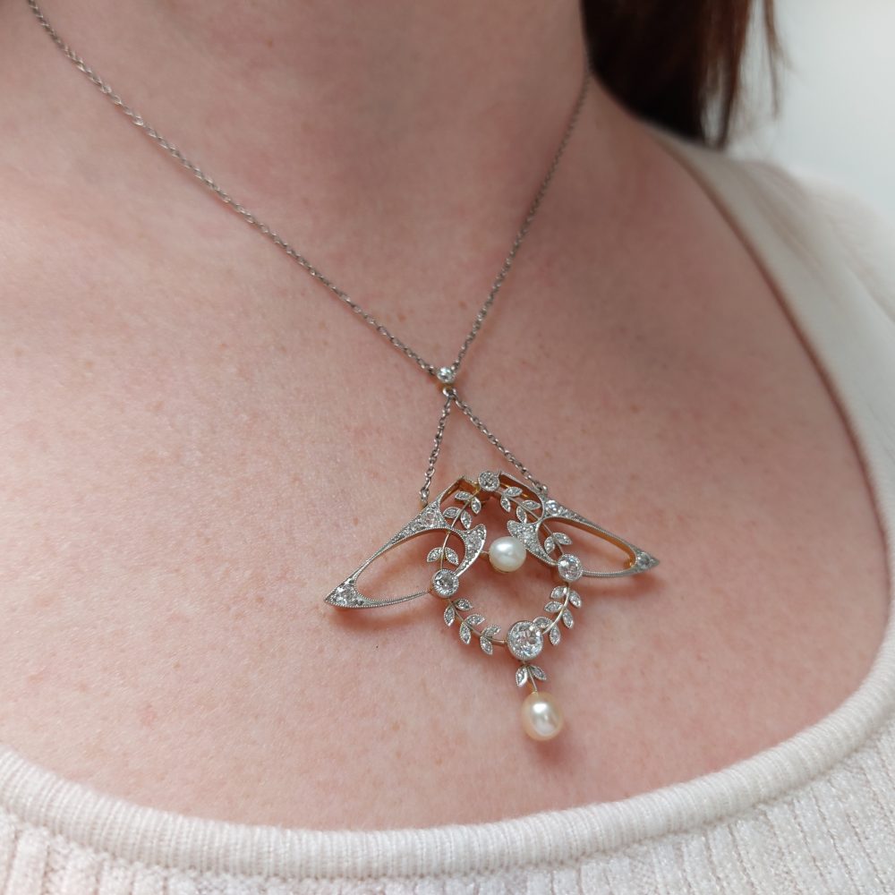 Antique Art Nouveau Diamond and Pearl Necklace ~ Brooch