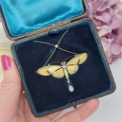 Antique Art Nouveau Enamel Butterfly Brooch Pendant Necklace PU2