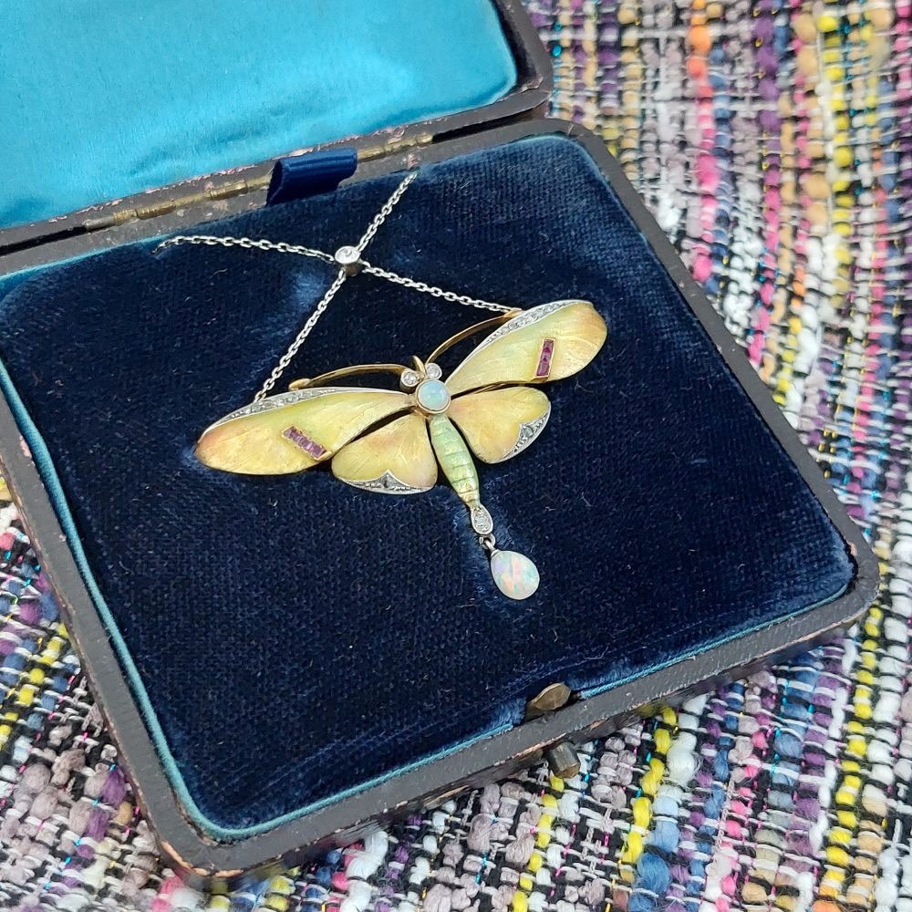 Antique Art Nouveau Enamel Butterfly Brooch Pendant Necklace