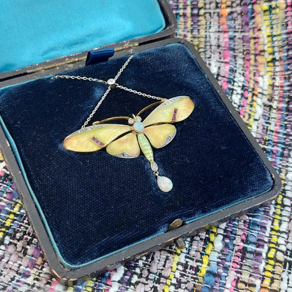Antique Art Nouveau Enamel Butterfly Brooch Pendant Necklace
