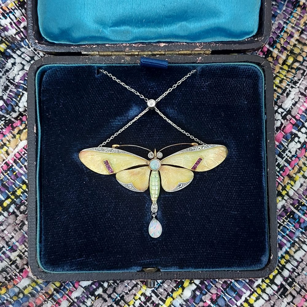 Antique Art Nouveau Enamel Butterfly Brooch Pendant Necklace